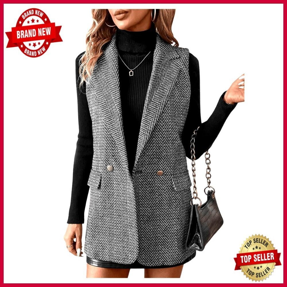 Wool Blend Tweed Blazer Vest Sleeveless Business Casual Jacket XL